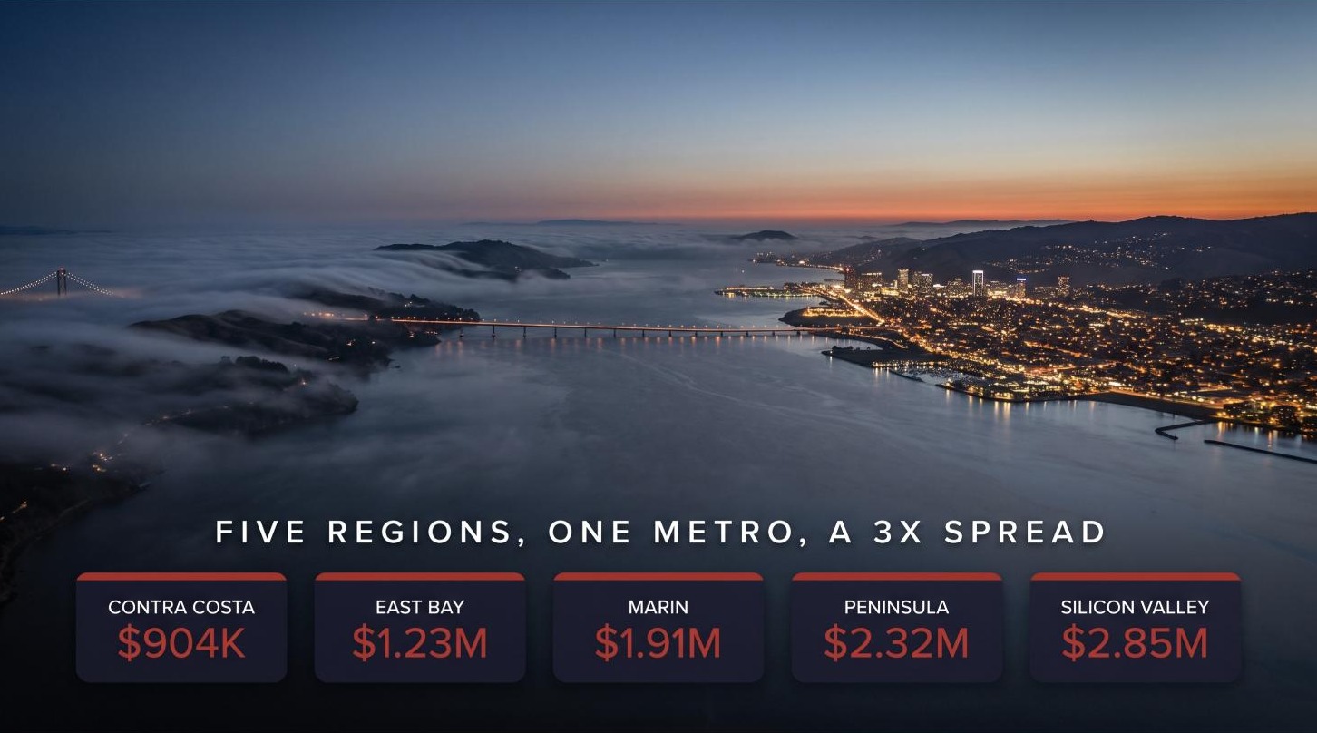 Aerial dusk view across San Francisco Bay with fog over the hills, overlaid with 2026 median home prices for five Bay Area regions from Contra Costa at $904K to Silicon Valley at $2.85M.