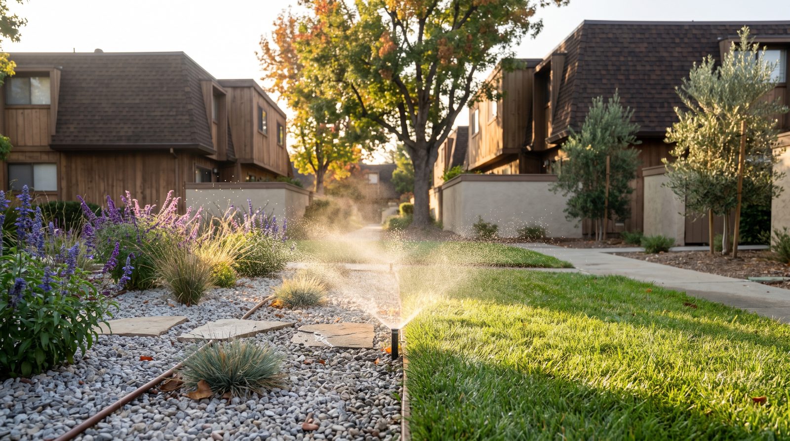 Lawn meeting a new drought tolerant garden at a Sunnyvale townhome entrance as the city takes up AB 1572