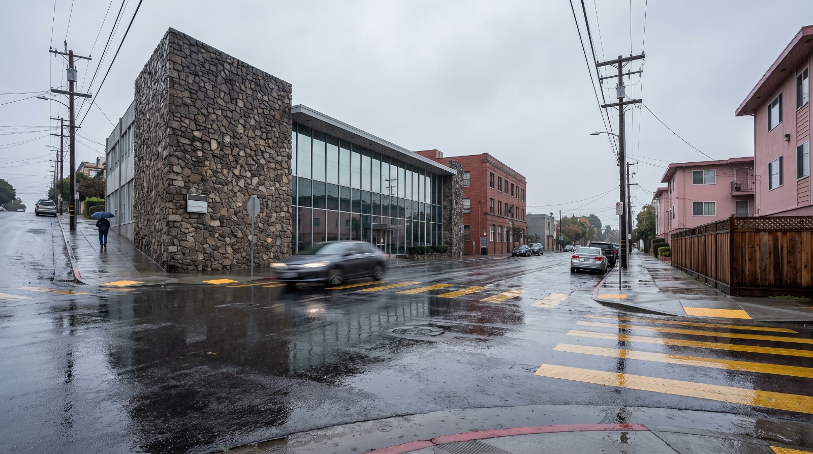 AI-rendered view of the two-story office building at 268 Grand Avenue in Oakland's Adams Point after rain, across from Lakeside Park
