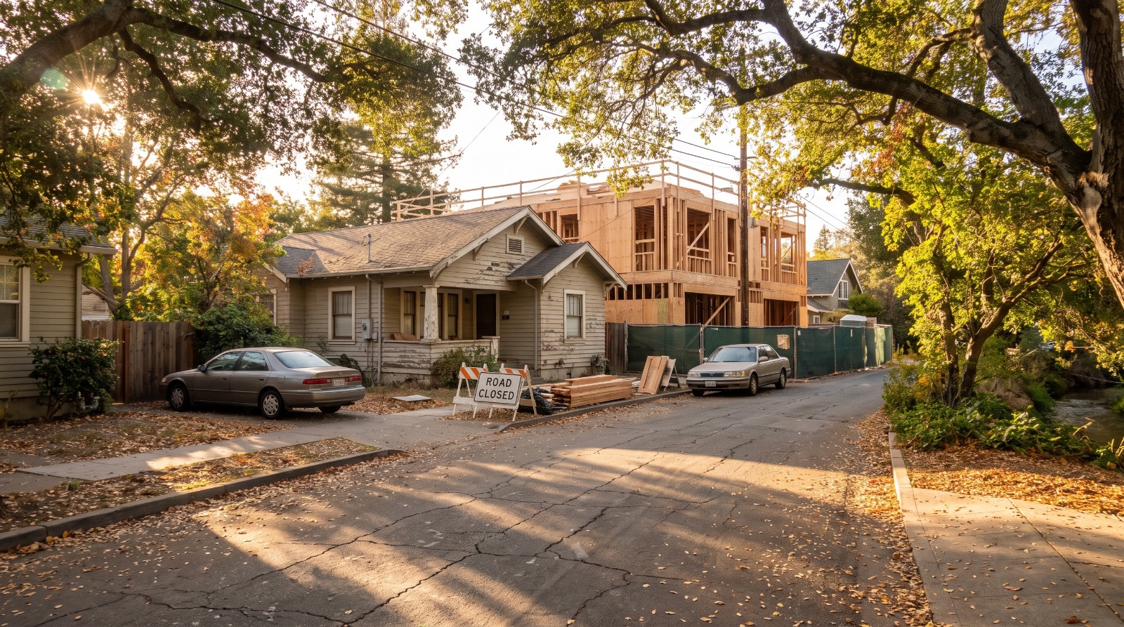 A tree-shaded Downtown North street in Palo Alto near the Caltrain corridor, where Palo Alto SB 79 projects are bringing new transit-oriented housing.