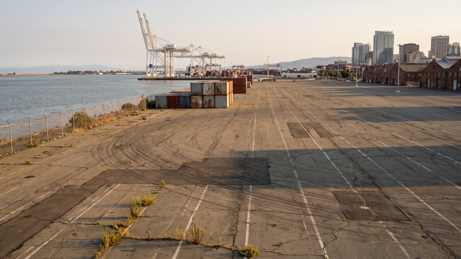 The empty asphalt of Howard Terminal on the Oakland Estuary, with Port of Oakland gantry cranes and the Jack London Square skyline behind it.
