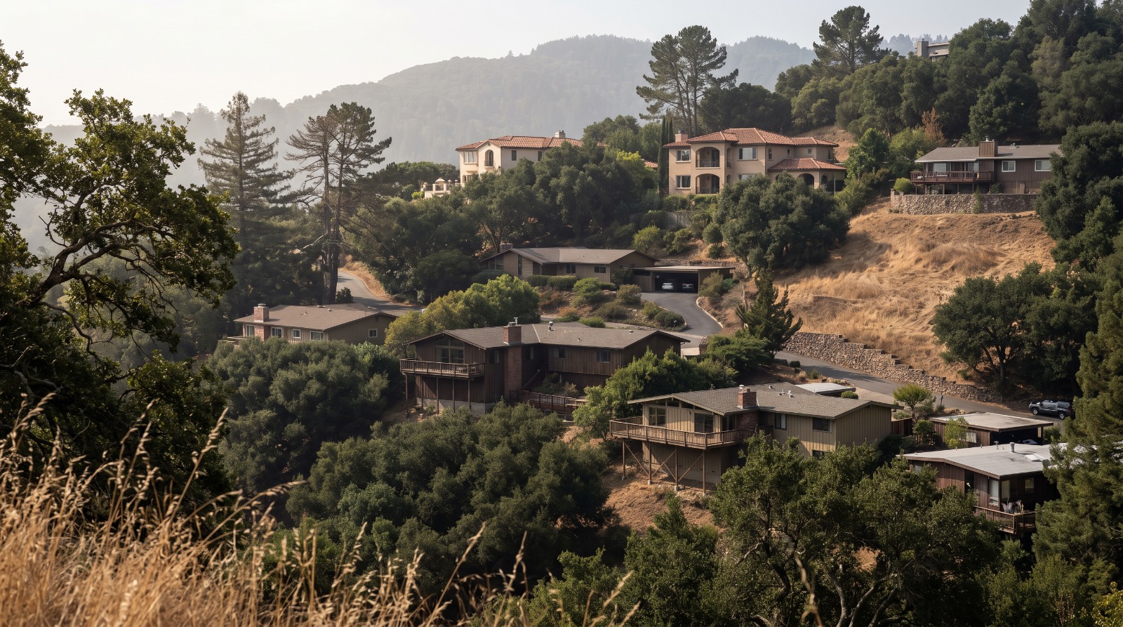 AI-rendered telephoto view of hillside homes among oaks in Orinda, California, in the East Bay hills
