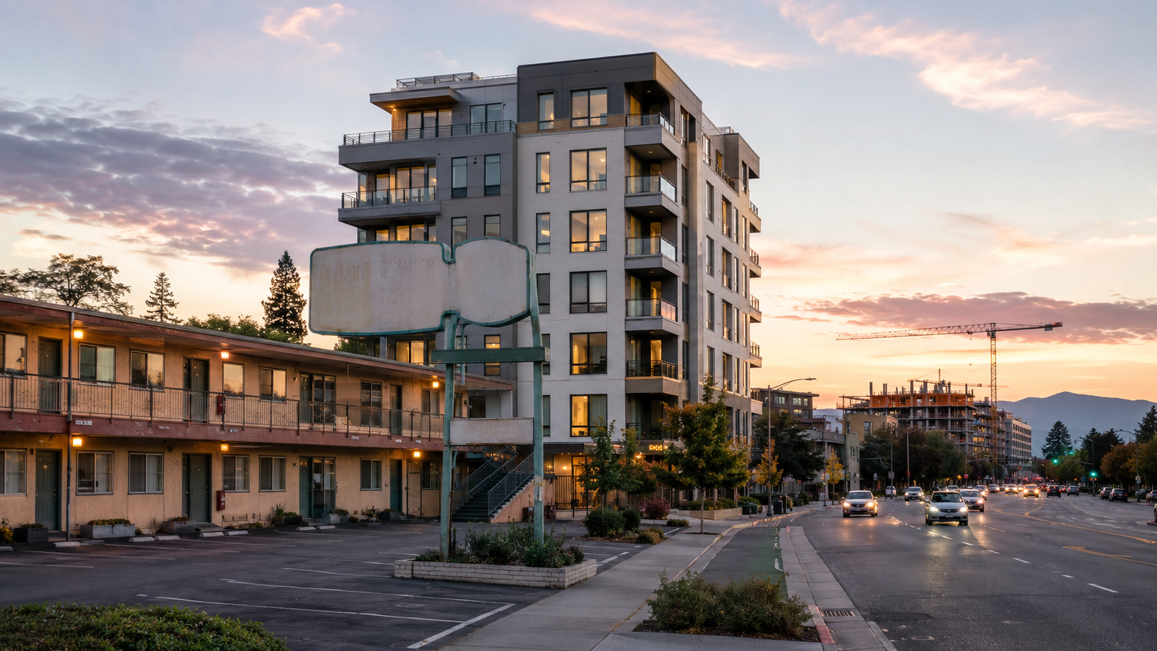 An aging motel on El Camino Real in Palo Alto with a new six-story apartment building rising behind it.