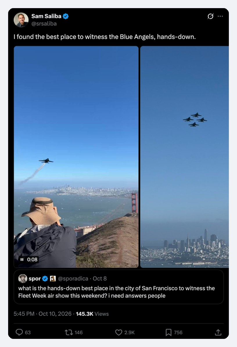 X post by Sam Saliba showing a Blue Angels jet over the Golden Gate Bridge, filmed from the Marin Headlands