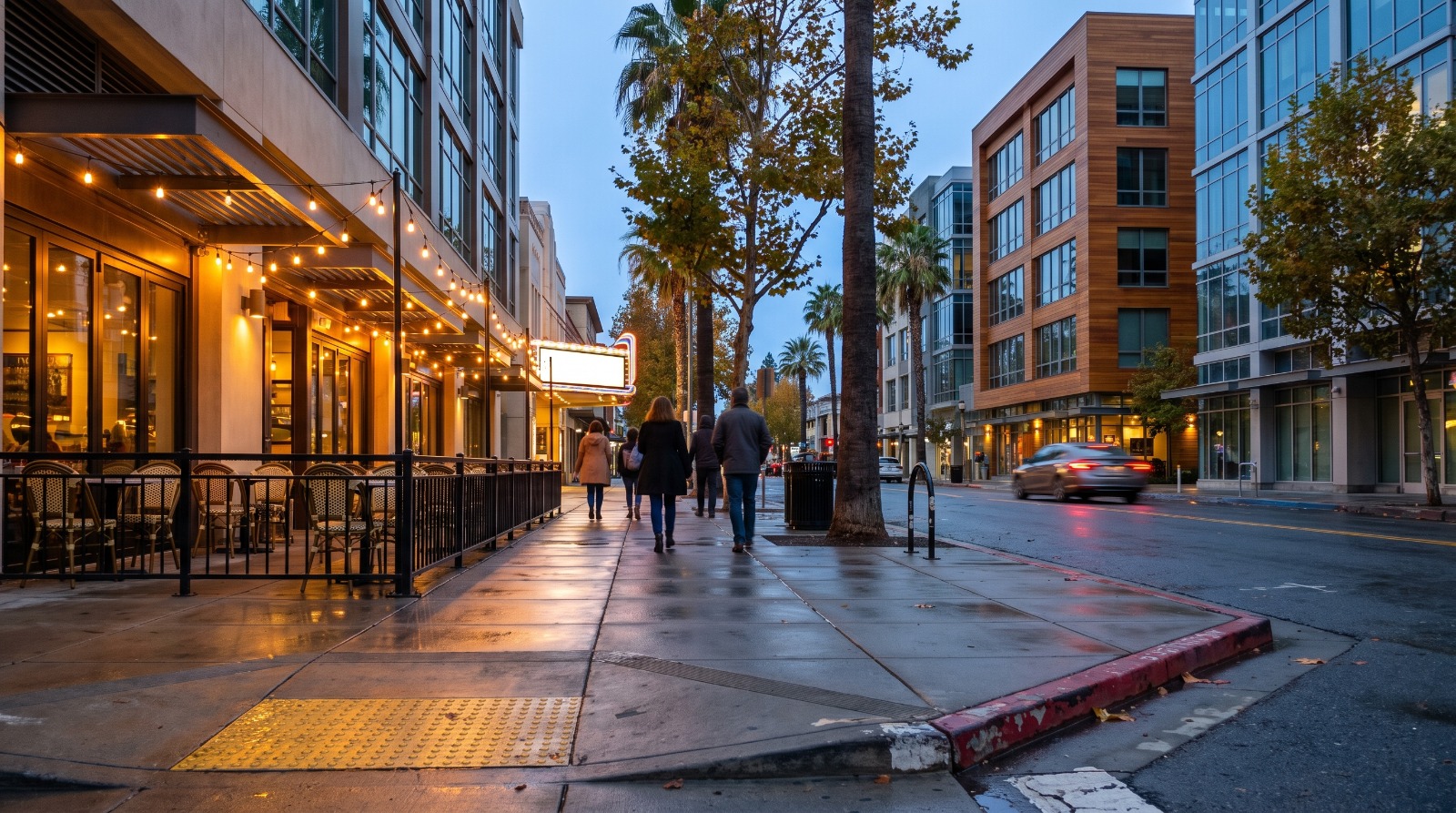 Downtown Redwood City at dusk near Theatre Row, blocks from the Crossing/900 campus where Box extended its headquarters lease through 2040.