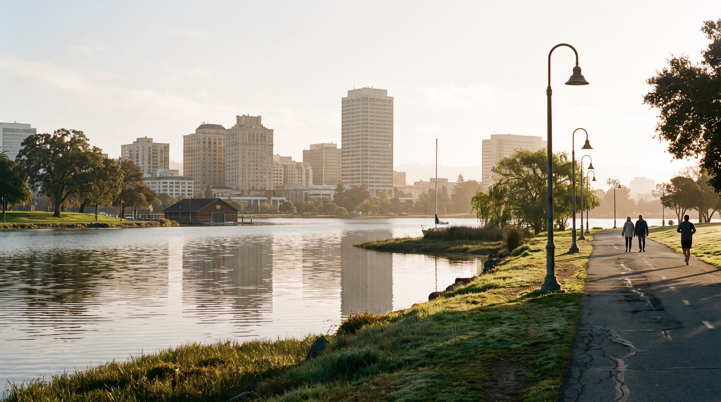 Lake Merritt and the downtown Oakland skyline on a calm morning, framing the question of whether Oakland is getting better in 2026.