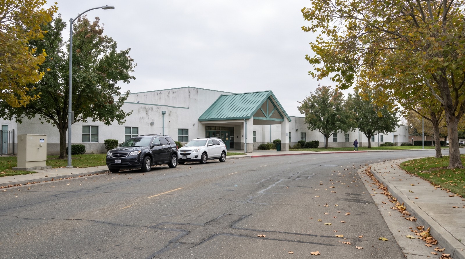 Overcast view across Crest Drive of the entrance to Natomas Park Elementary School in North Natomas, Sacramento, AI-rendered from a street-level reference