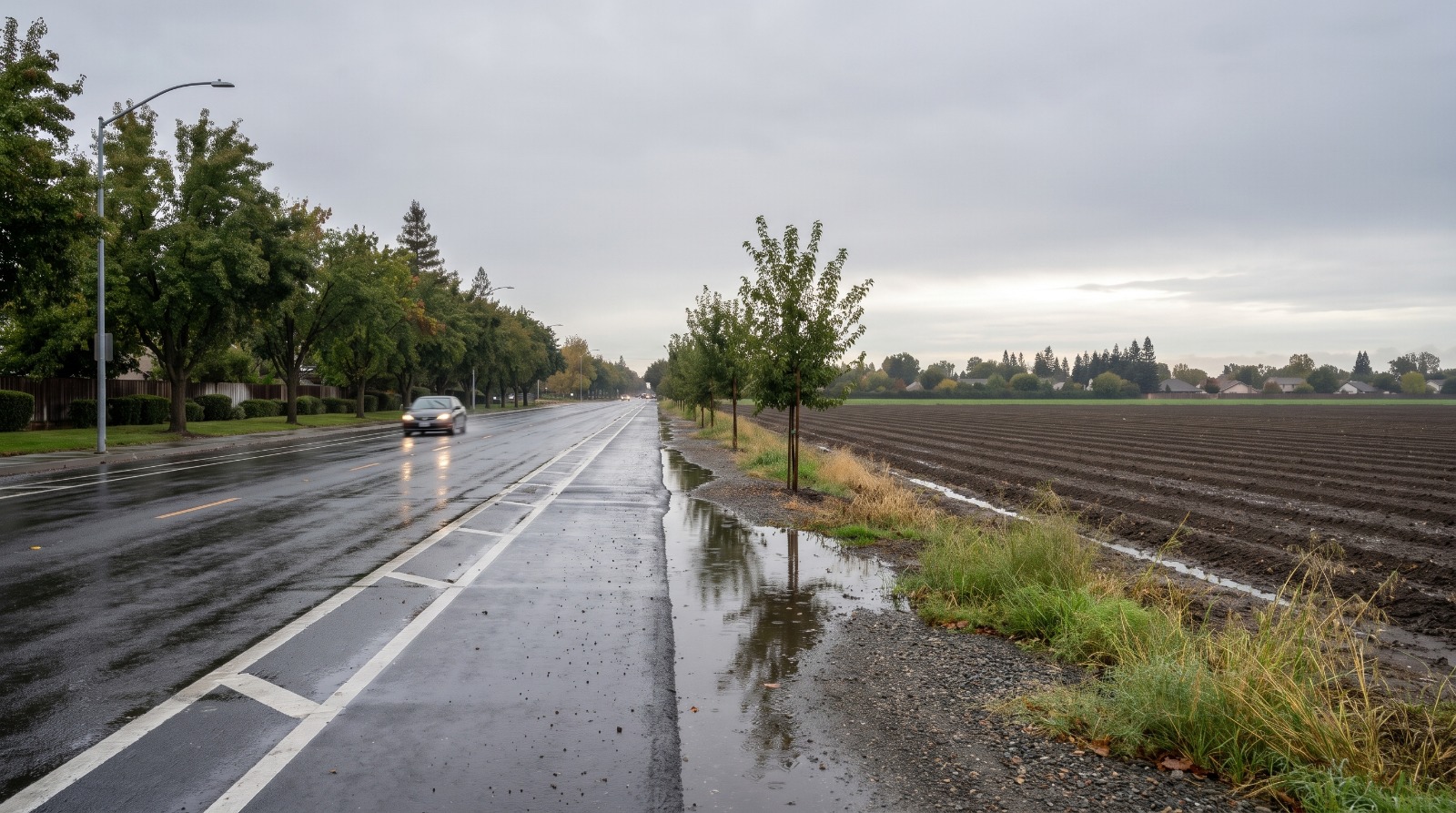 AI-rendered view of East Covell Boulevard in Davis after rain, with the Willowgrove farm field that Measure W would rezone on the right