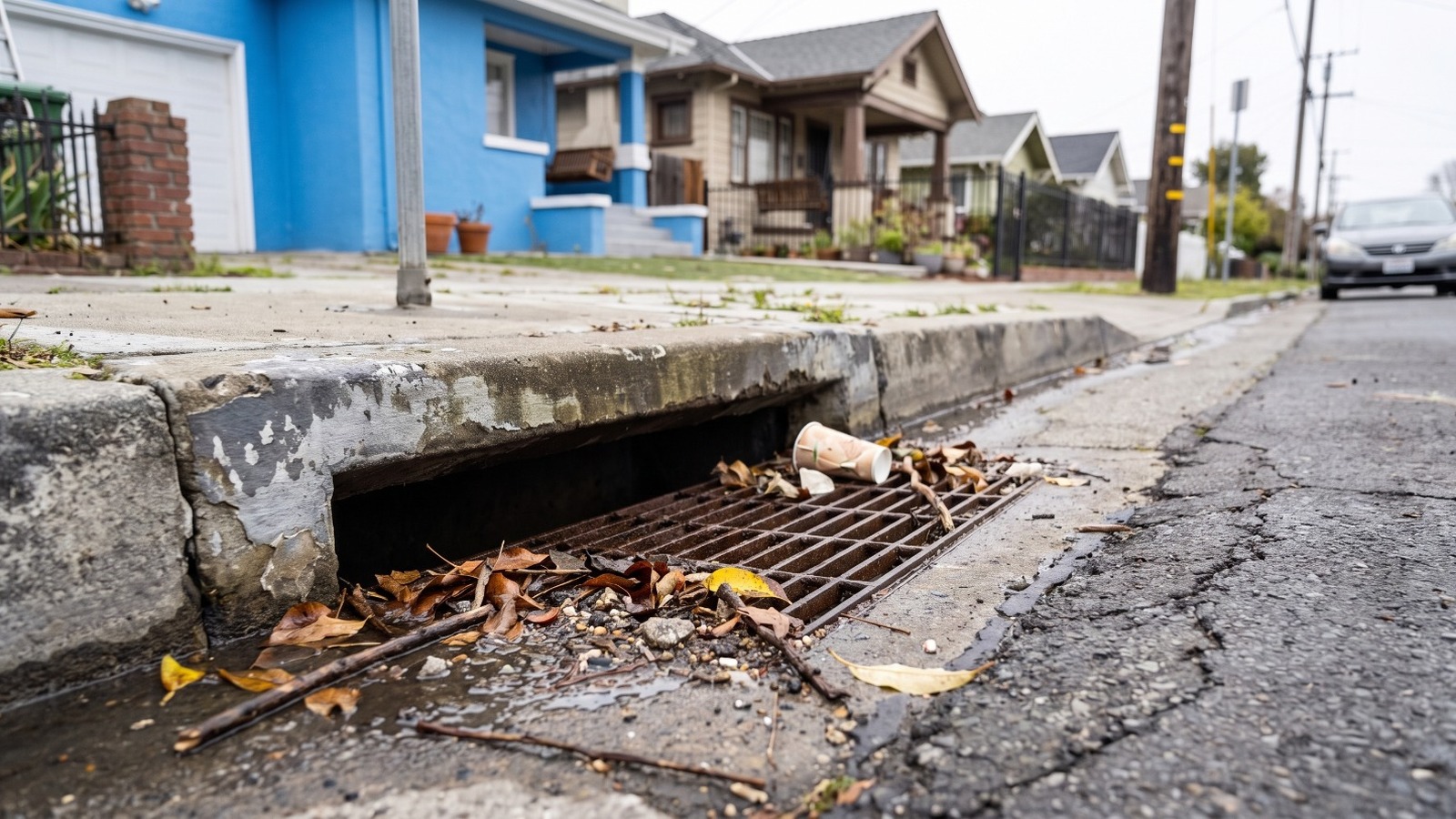 AI-rendered view of a leaf-clogged curbside storm drain on a residential block of 55th Avenue in East Oakland