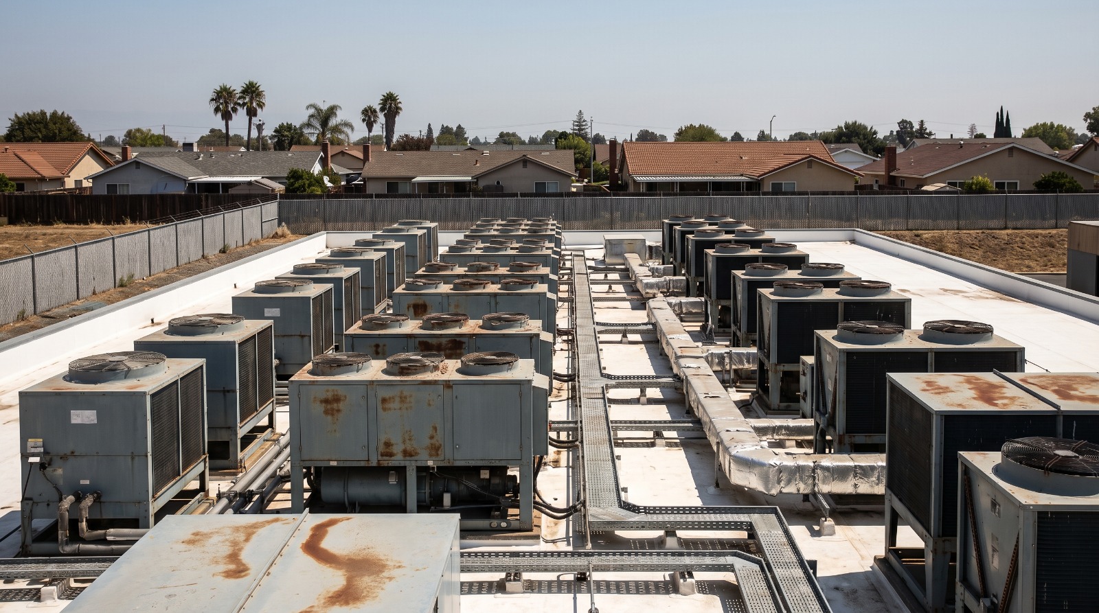 Rows of grey rooftop cooling units on a low data center building in South San Jose with residential rooflines behind