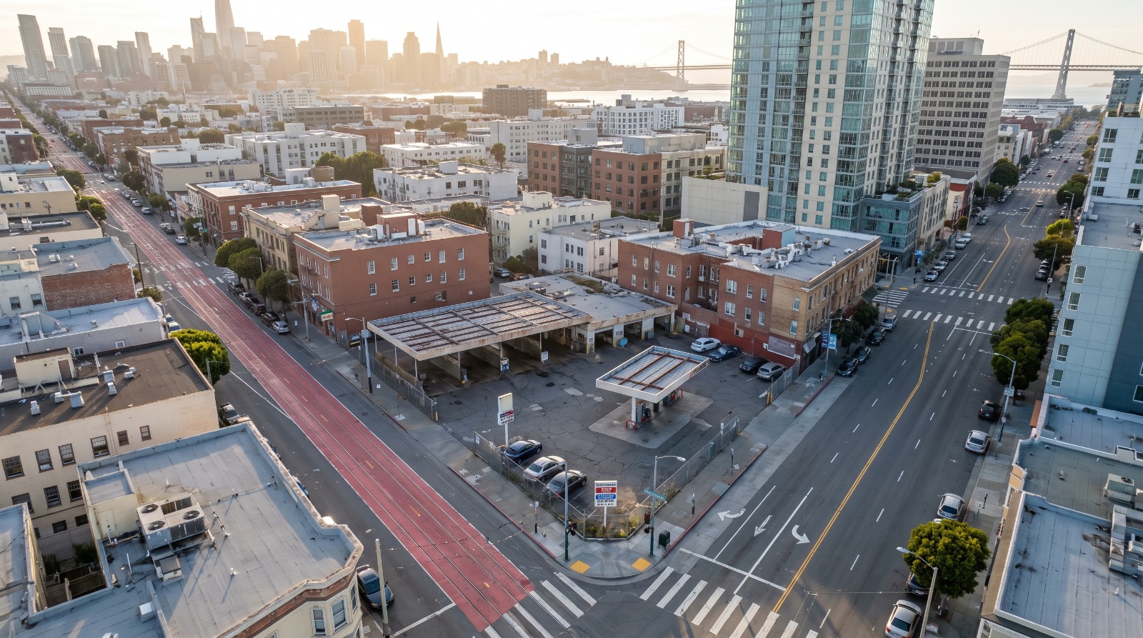 AI-rendered oblique aerial of the car wash corner at Mission Street and South Van Ness Avenue in San Francisco