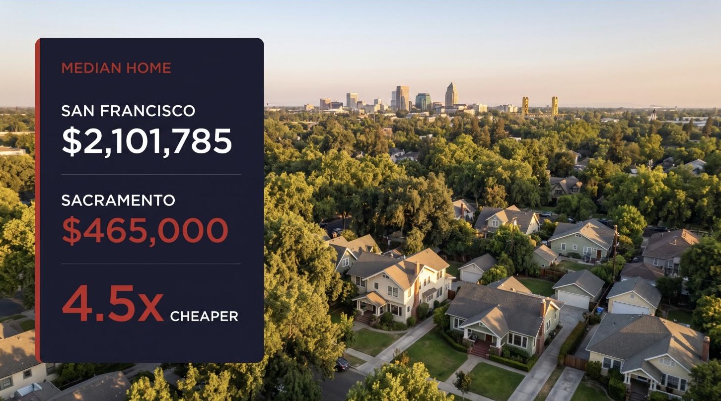Aerial view of a tree-lined Sacramento neighborhood with the downtown skyline behind it, overlaid with 2026 median home prices showing Sacramento at $465,000 against San Francisco at $2,101,785.