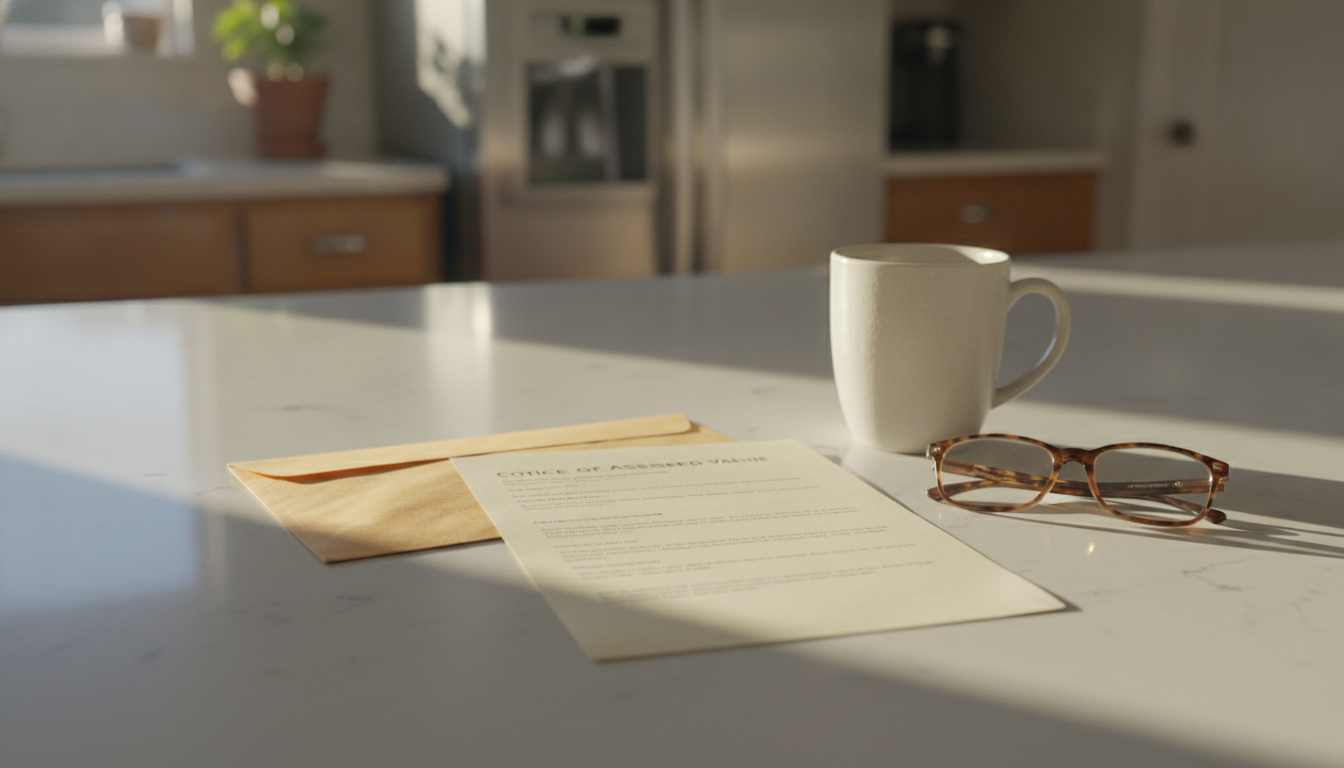 A 2026 county assessed value notice on a kitchen counter, the starting point for a Bay Area property tax appeal.